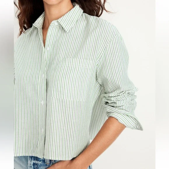 NWT Old Navy Cropped Button-Down White and Green Striped Shirt | Women’s XXL - Picture 14 of 16